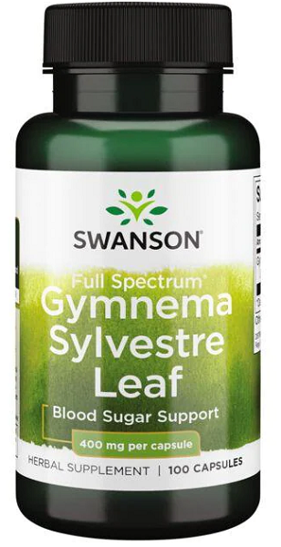 Un frasco de Swanson Hoja de Gymnema Sylvestre - 400 mg 100 cápsulas.