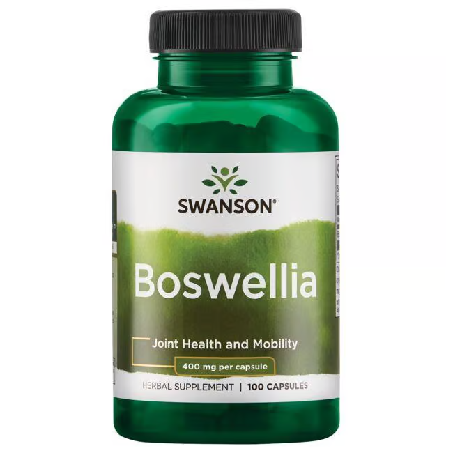 Swanson's Boswellia 400 mg capsules, renowned for Indian frankincense benefits, are labeled to support joint health and mobility. The green bottle contains 100 capsules designed to enhance your daily wellness routine.