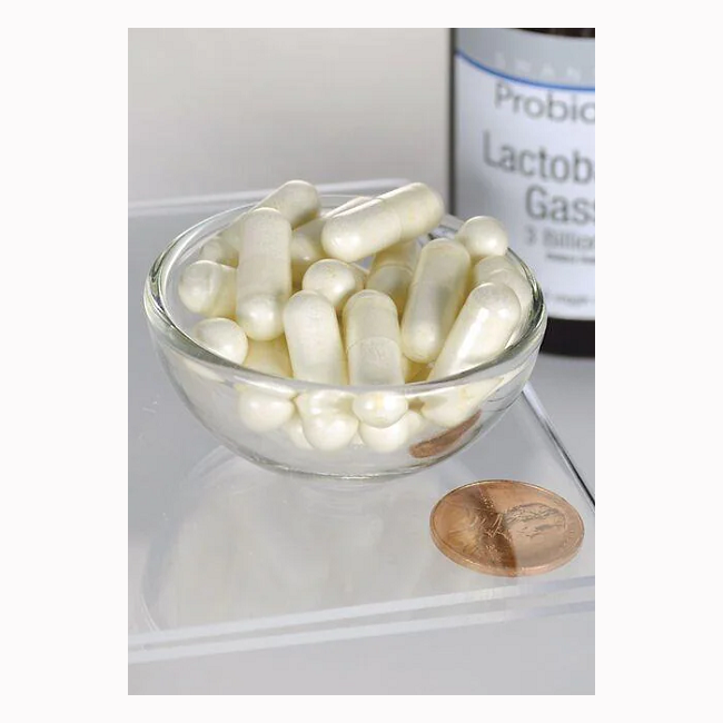 A small glass bowl with white capsules is near a penny and a bottle labeled "Swanson Lactobacillus Gasseri 3 billion CFU 60 Veggie DRCapsules," showcasing this probiotic strain's digestive support role.