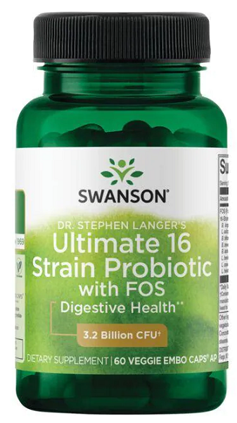 Swanson Dr. Stephen Langer 16 Strain Probiotic with FOS - 60 cápsulas vegetales con salud digestiva.