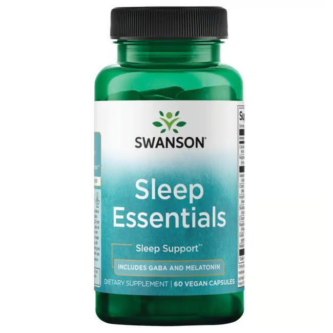 Swanson's Sleep Essentials, featuring GABA and melatonin, comes in a green bottle with 60 vegan capsules to support restful sleep.