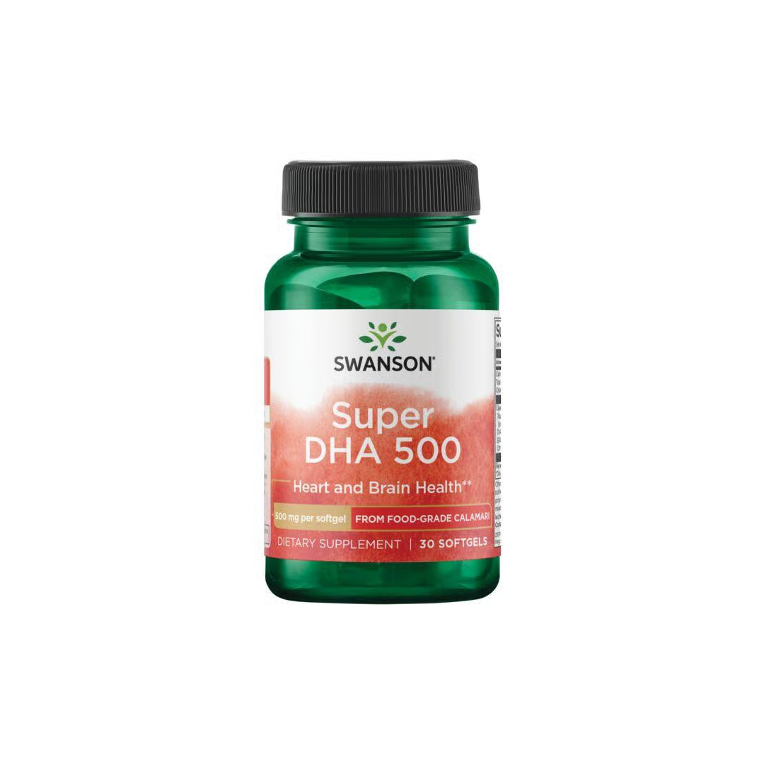 A bottle of Swanson's Super DHA 500, enriched with purified food-grade calamari oil and containing 30 softgels, supports heart and brain health with its potent omega-3s.