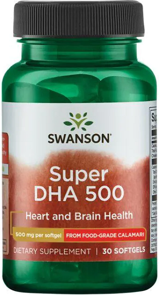 Enhance your health with Swanson Super DHA 500 from Food-Grade Calamari - 30 softgels, the ultimate omega-3 supplement for optimal wellbeing. Experience the benefits of this high-quality product, carefully crafted to support brain health.