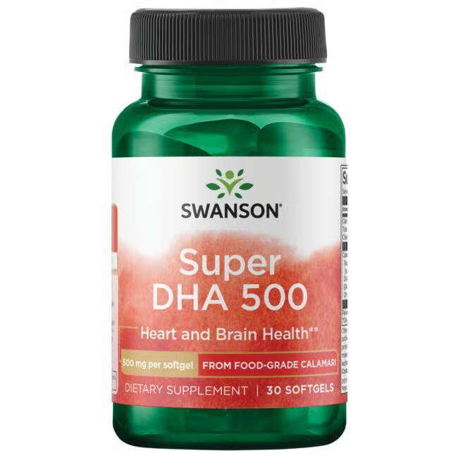 Swanson's Super DHA 500 from Food-Grade Calamari offers 30 softgels for heart and brain health, made with purified squid oil rich in omega-3s.