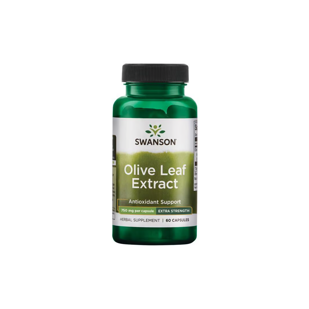 Swanson Olive Leaf Extract offers antioxidant and immune support with 750 mg per capsule containing oleuropein, available in a green bottle with extra strength formula, totaling 60 capsules.