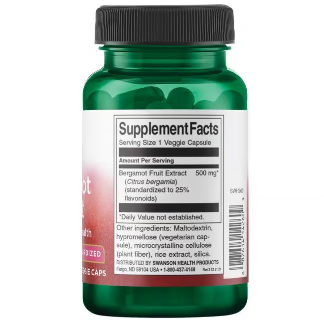 A green bottle of Swanson Bergamot Extract 500 mg, 30 Veggie Capsules highlights antioxidant benefits and features a prominent supplement facts label on the side.