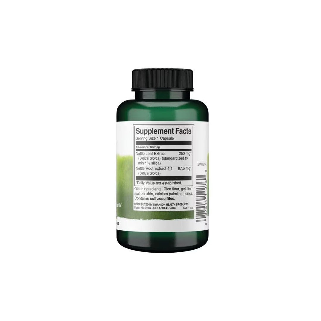 A green pill bottle with a label showing Supplement Facts and ingredients, including Nettles Leaf Extract and Nettle Root Extract, designed for dietary supplementation. This supplement is intended to provide immune system support and promote prostate health. The product name is Stinging Nettle - Standardized 120 Capsules by Swanson.