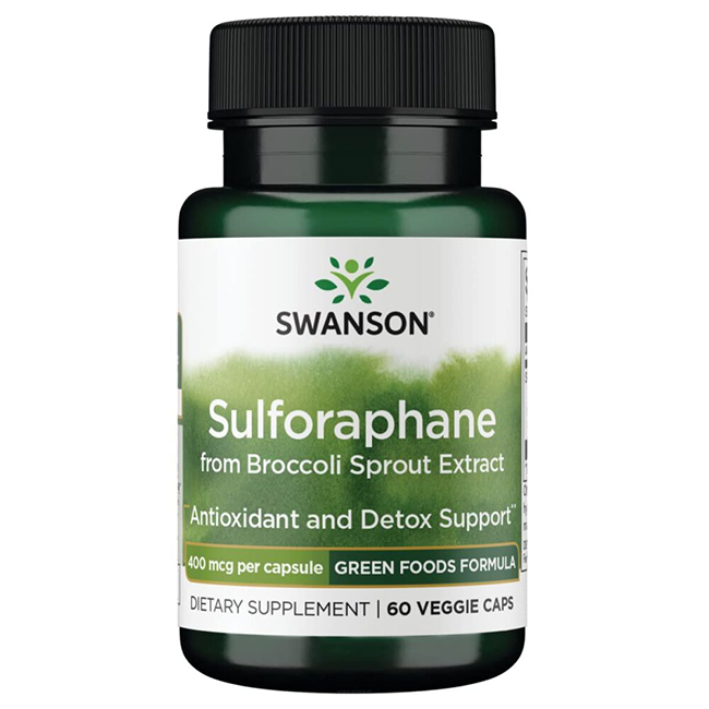 Swanson's Sulforaphane from Broccoli Sprout Extract provides 400 mcg per capsule, with 60 veggie capsules offering antioxidant and detox support through BroccoPhane®.