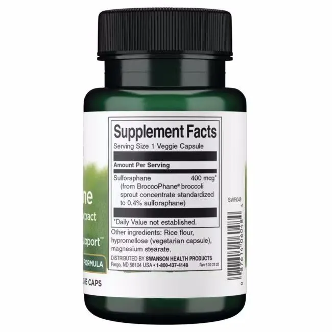 Displayed is a bottle of Swanson's Sulforaphane from Broccoli Sprout Extract 400 mcg, featuring BroccoPhane® and other ingredients like rice flour and hypromellose in 60 veggie capsules, ensuring a balanced blend for optimal nutrition.