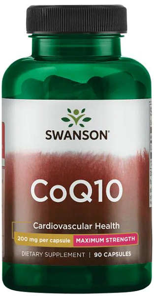Un frasco de Swanson Coenzima Q10 - 200 mg 90 cápsulas.