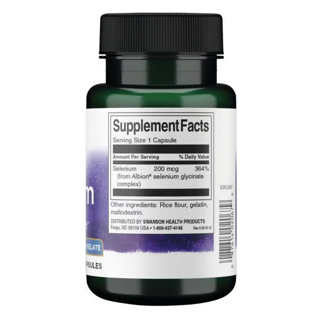 A green Swanson bottle, labeled "Albion Selenium Complex 200 mcg 90 Capsules," emphasizes immune support and antioxidant benefits. The label lists supplement facts, highlighting selenium content along with rice flour and gelatin.