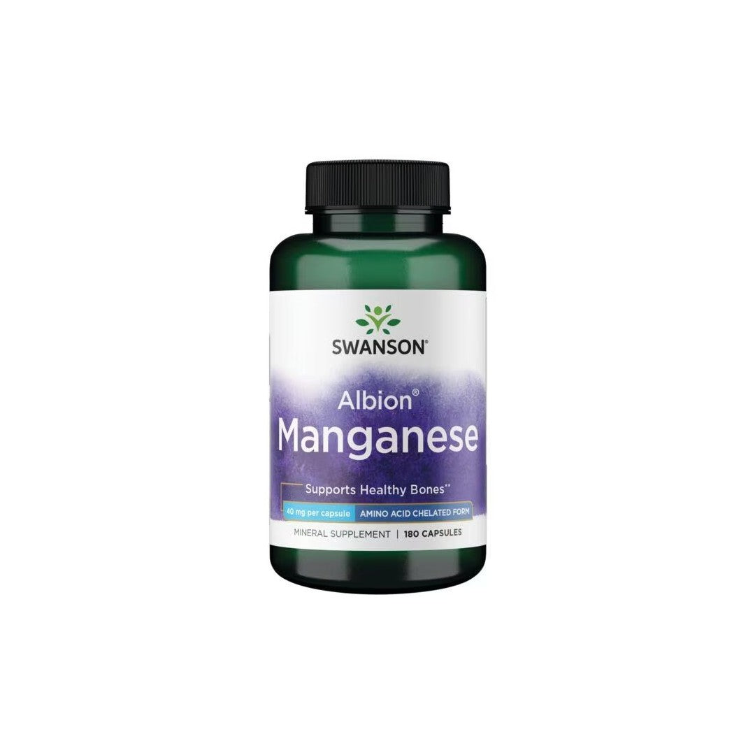 A green bottle of Swanson Albion Manganese 40 mg 180 Capsules. The label states it supports healthy bones and joints and contains 90 mg per capsule in Albion amino acid chelated form.