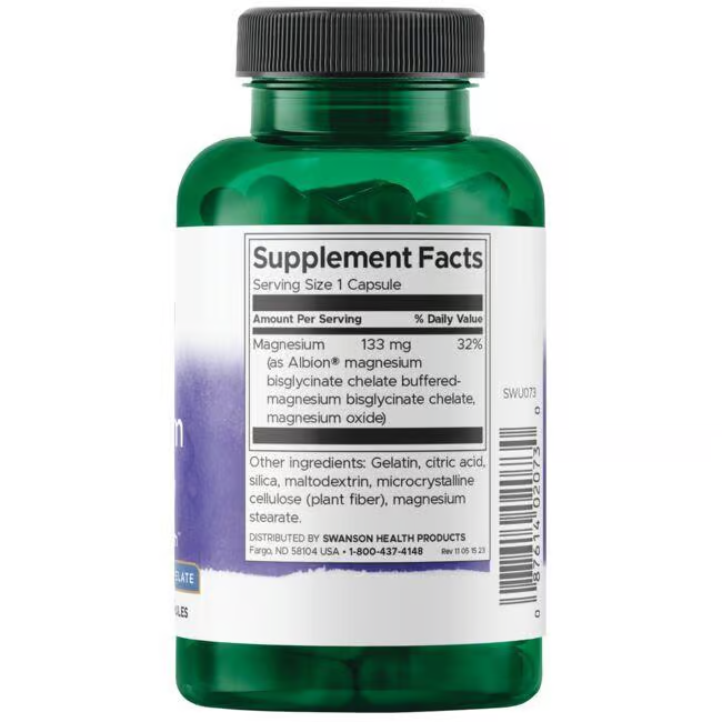 Swanson's Albion Chelated Magnesium Glycinate 133 mg contains 90 capsules, offering 133 mg per serving for 32% DV. It features key ingredients like gelatin and cellulose that support muscle health and stabilize the nervous system.