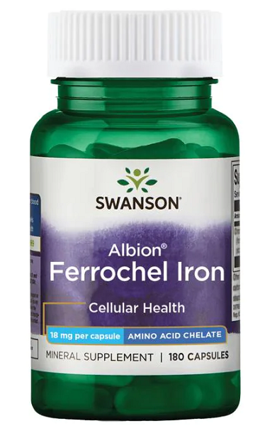 Un frasco de Swanson Ferrochel Hierro - 18 mg 180 cápsulas Albion Quelado.