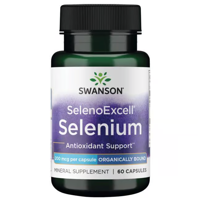 Swanson's SelenoExcell Selenium offers antioxidant support for cardiovascular care with 60 capsules, each containing 200 mcg of selenium.