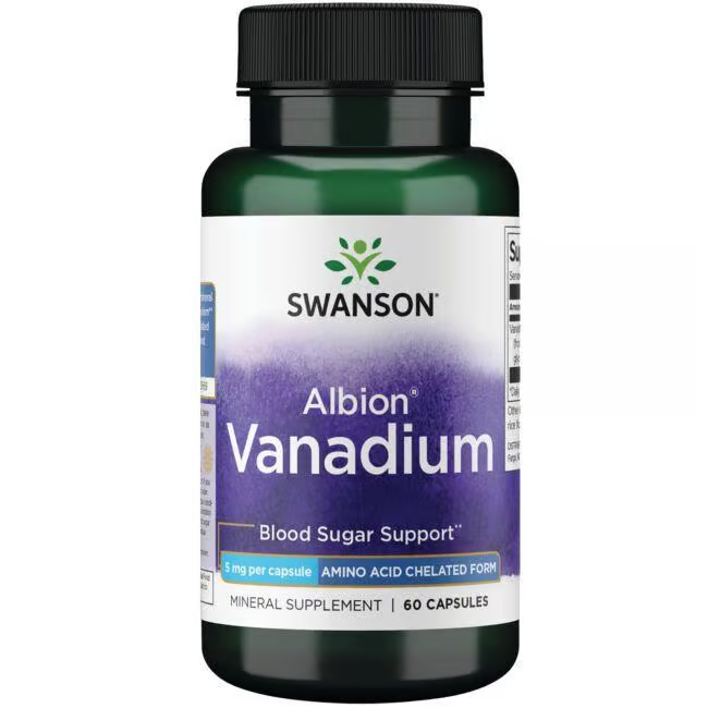 Swanson's Albion Vanadium 5 mg, 60 capsules, expertly supports blood sugar and metabolic health.