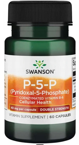 Un frasco de Swanson P-5-P Piridoxal-5-Fosfato Doble Potencia - 40 mg Suplemento de 60 cápsulas para la salud cardiovascular.