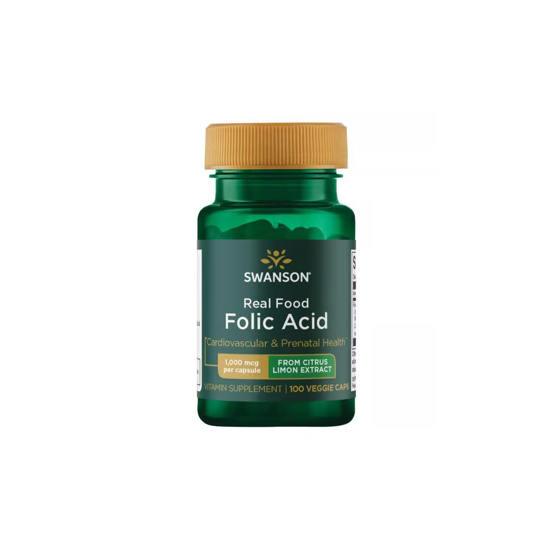 Swanson Real Food Folic Acid supplement, 100 veggie capsules with 1000 mcg of Vitamin B9 per capsule for essential pregnancy support, comes in a green bottle with a yellow cap.