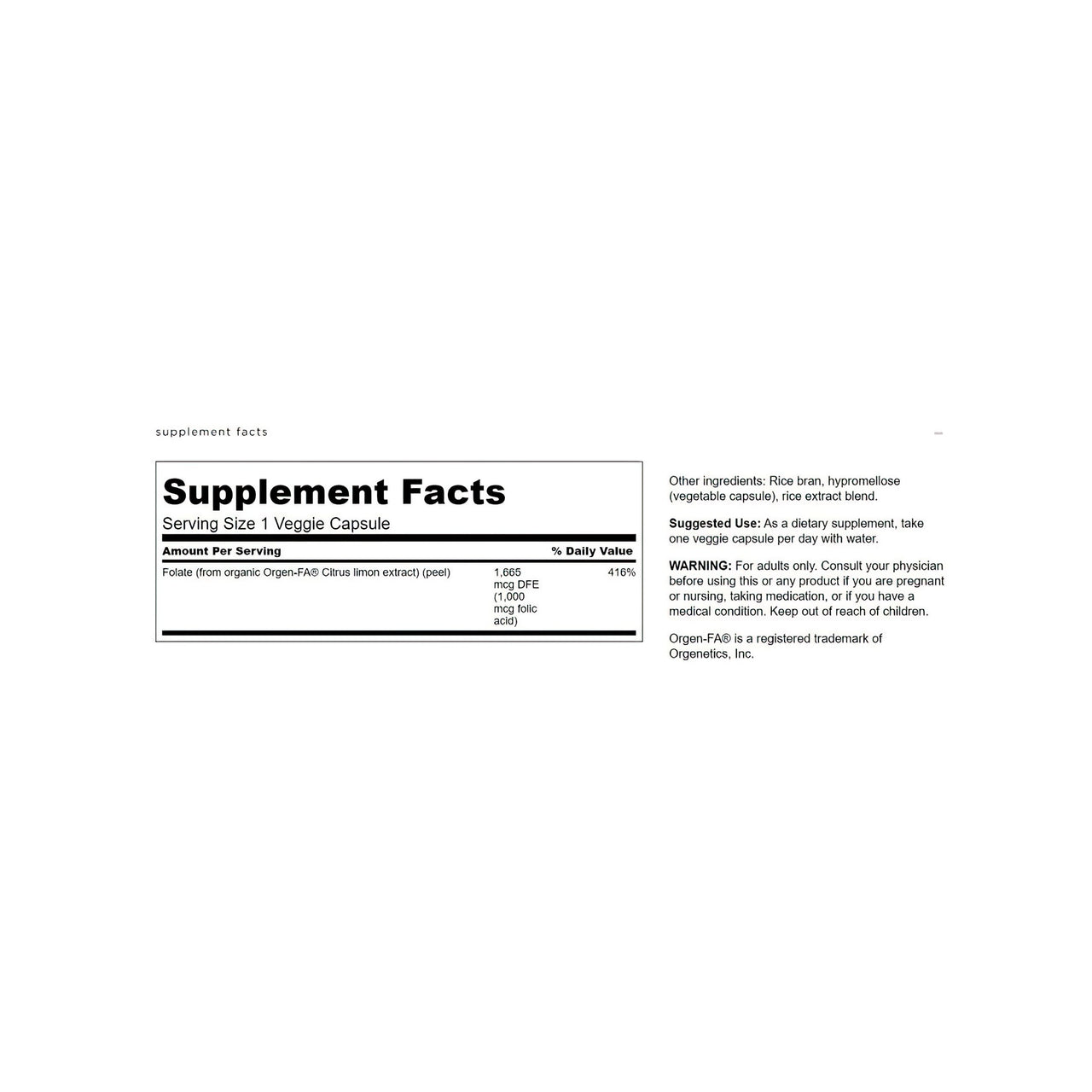 Una etiqueta para Swanson Ácido fólico - 1000 mcg 100 cápsulas vegetales Complemento alimenticio real.