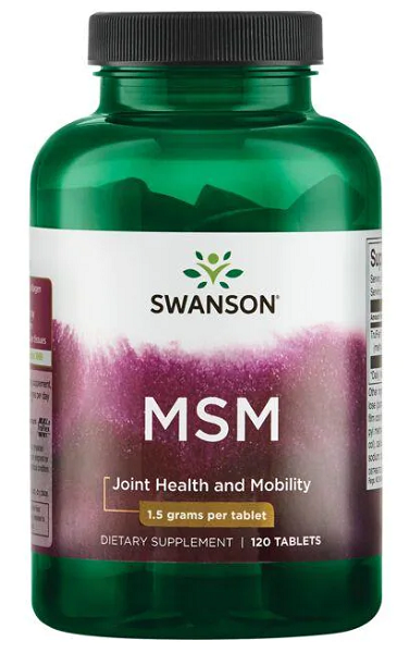 Un frasco de Swanson MSM - 1.500 mg 120 comprimidos, conocido por sus beneficios para la salud articular y el apoyo a la estructura del colágeno. Con sus potentes propiedades antiinflamatorias, este suplemento es imprescindible para mantener el bienestar general.