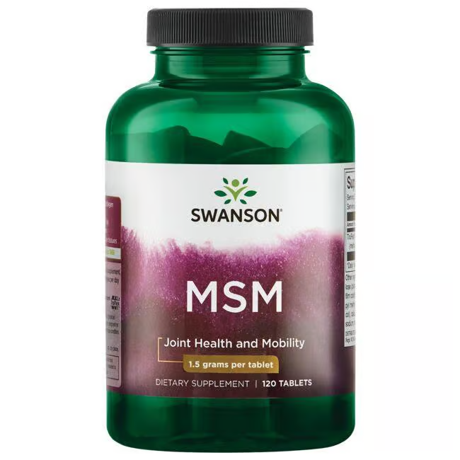 A green bottle labeled "Swanson" for joint health, containing 120 tablets of MSM with 1.5 grams of organic sulfur each.