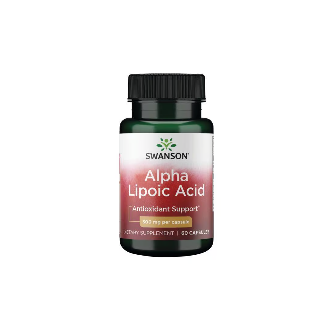 A bottle of Swanson Alpha Lipoic Acid dietary supplement contains 60 capsules, each providing 300 mg to support antioxidant and metabolic functions.