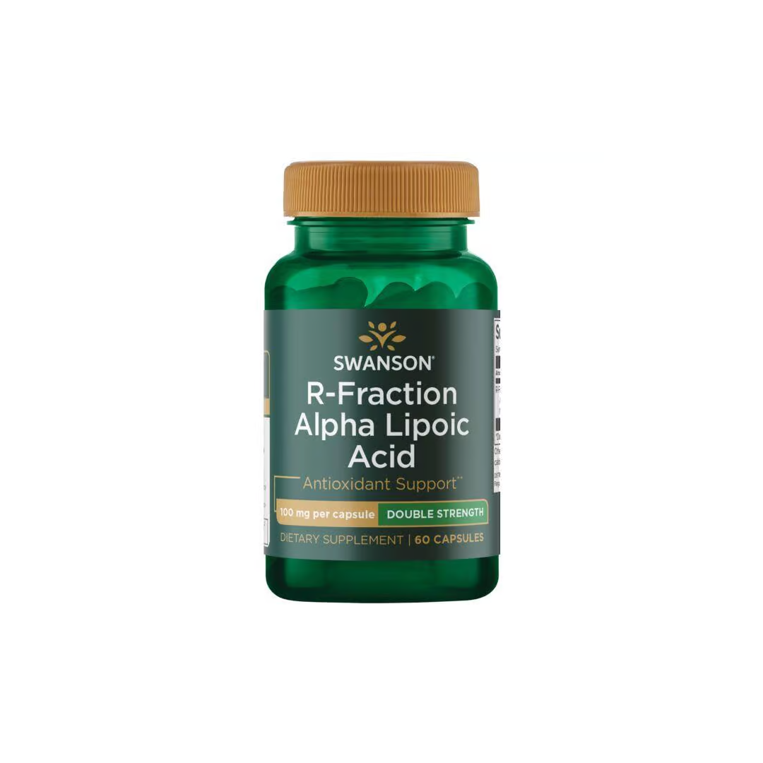 Swanson's R-Fraction Alpha Lipoic Acid offers antioxidant and cardiovascular support with 100 mg per capsule, double strength. The bottle contains 60 capsules in total.