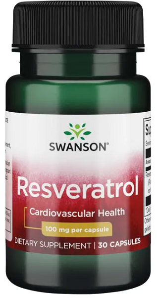 Un frasco de Swanson's Resveratrol - 100 mg 30 cápsulas, que ofrece protección antioxidante para la longevidad celular.