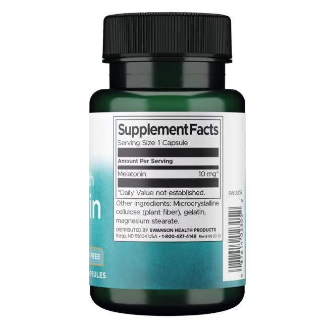 Swanson's Melatonin 10 mg, in a green bottle of 60 capsules, includes a label highlighting its potency. It is ideal for addressing sleep disorders and contains microcrystalline cellulose, gelatin, and magnesium stearate.