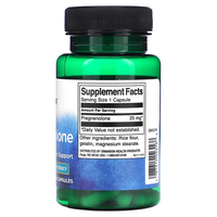 Thumbnail for Swanson's Pregnenolone 25 mg High Potency, 60 Capsules in a green bottle, supports brain function. The supplement facts label lists 25 mg per serving, with additional ingredients: rice flour, gelatin, and magnesium stearate.