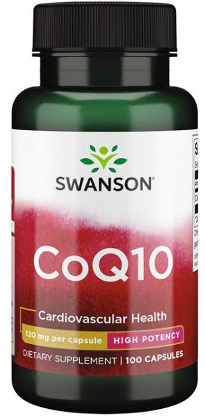 Un frasco de Swanson Coenzima Q1O - 120 mg 100 cápsulas.