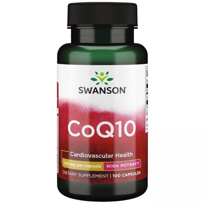 Swanson's Coenzyme Q10 dietary supplement offers high potency for cardiovascular health and energy production, with 100 capsules each containing 120 mg.