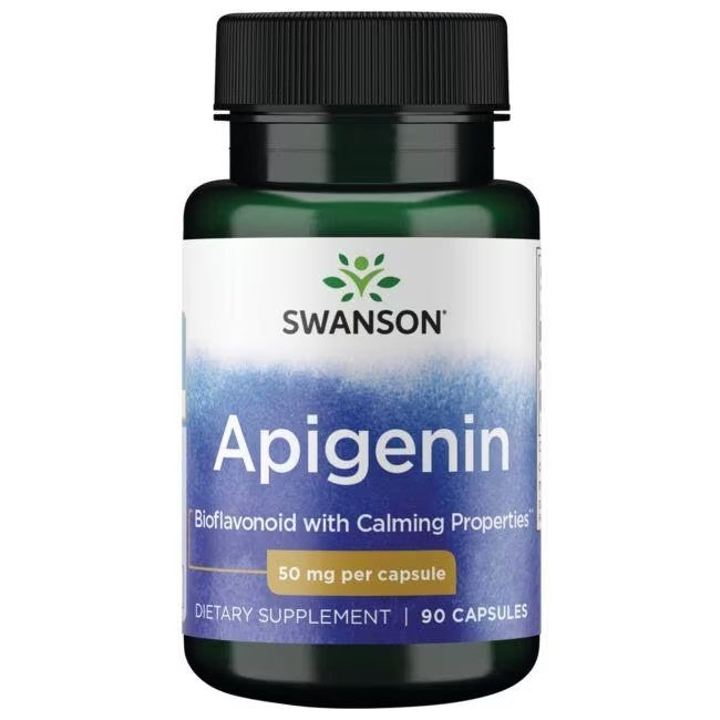 A bottle of Swanson Apigenin 50 mg 90 Capsules, offering calming properties and aiding in stress relief.