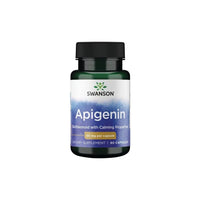 Thumbnail for A bottle of Swanson Apigenin 50 mg 90 Capsules dietary supplement with 90 capsules, offering 50 mg per capsule and noted for its calming properties and antioxidant effects.