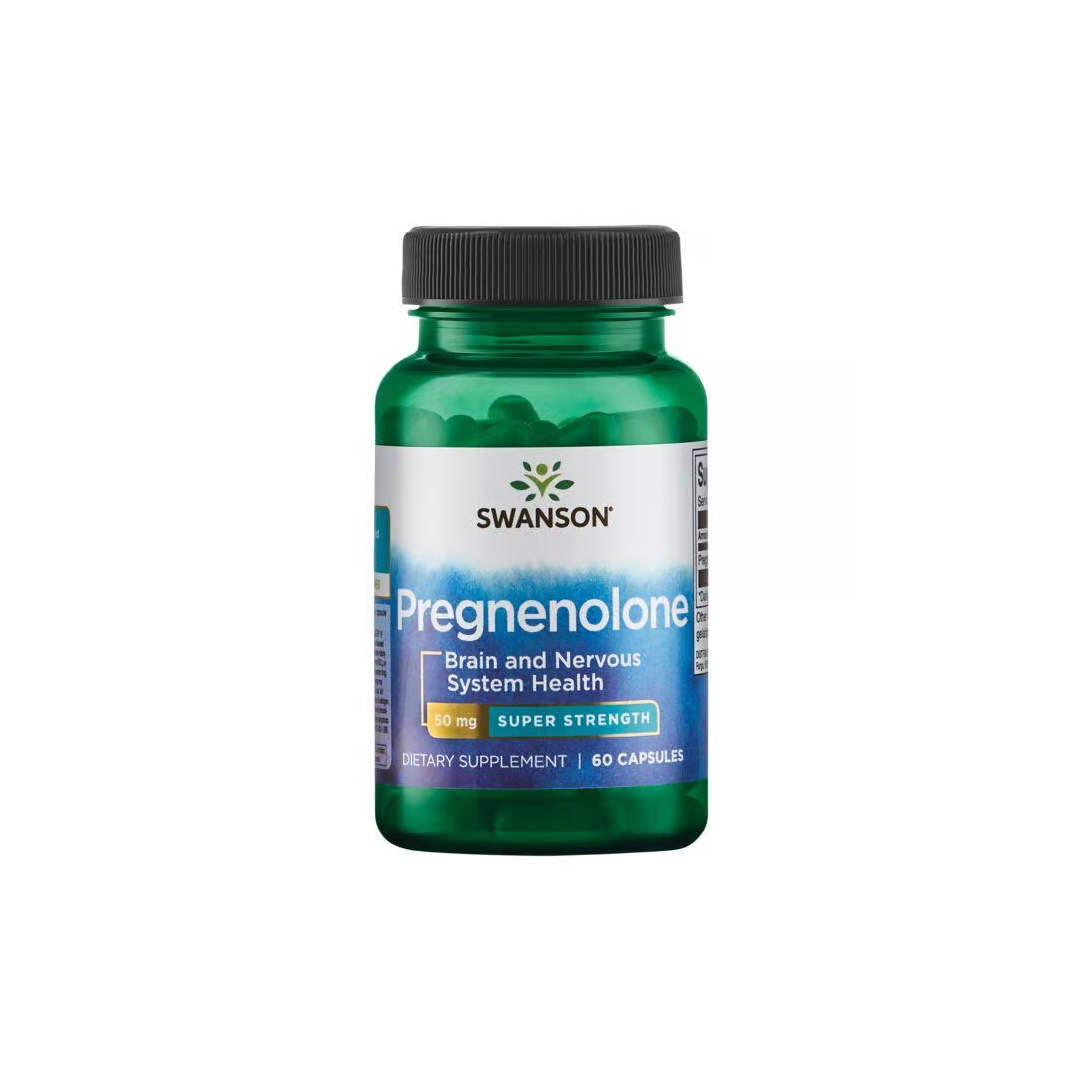 Swanson Pregnenolone 50 mg Super Strength dietary supplement, 60 capsules, labeled for brain and nervous system health.