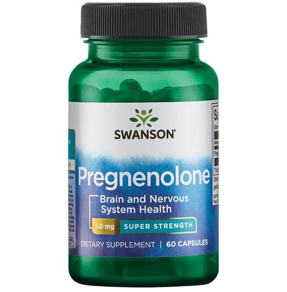 Un frasco de Swanson Pregnenolona - 50 mg 60 cápsulas, un precursor hormonal conocido por favorecer la función cerebral.