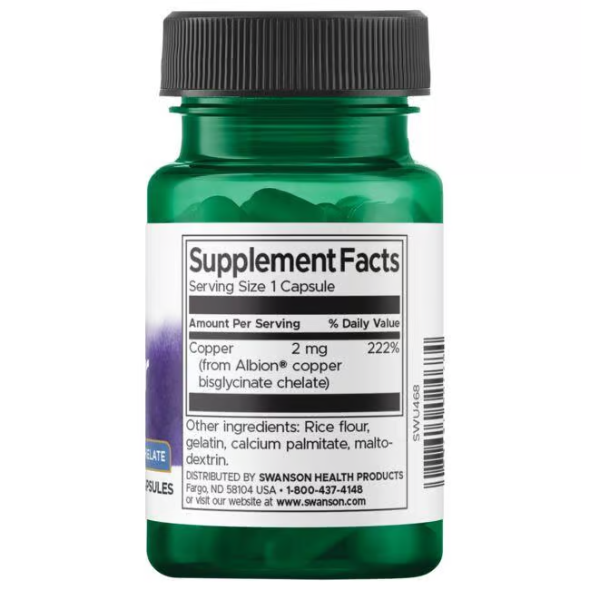 The Swanson Albion Copper 2 mg supplement, in a green bottle, includes a label detailing nutrition facts. Each serving contains 2 mg of Albion bisglycinate chelate, fulfilling 222% daily copper value, essential for enzymatic processes; other ingredients are listed clearly.