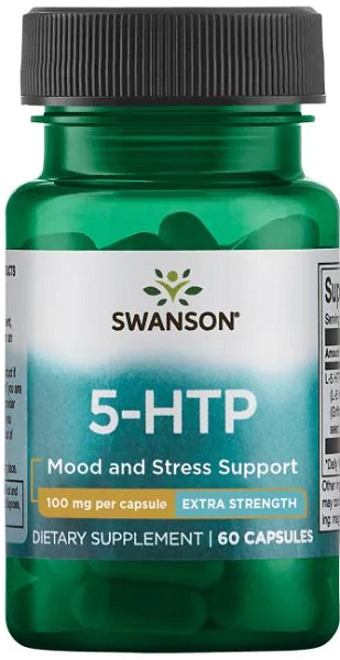 Un frasco de Swanson 5-HTP Extra Strength - 100 mg 60 cápsulas apoyo al estado de ánimo y al estrés.