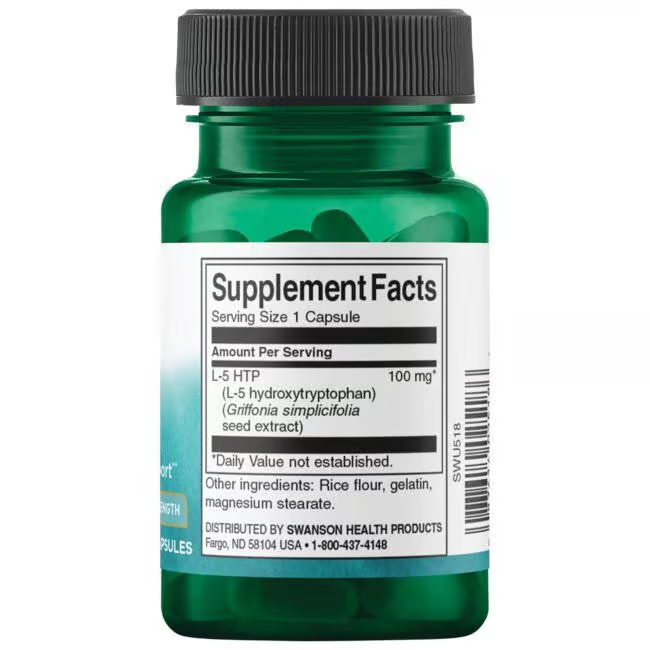 Swanson's 5-HTP (Hydroxytryptophan) 100 mg Extra Strength capsules feature a label with Supplement Facts and contain 100 mg of 5-HTP from Griffonia simplicifolia to support serotonin levels, with rice flour and gelatin as additional ingredients.