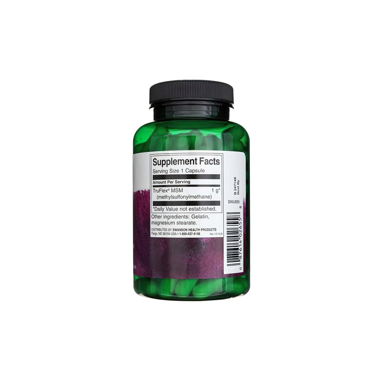 Un frasco de Swanson MSM 1000 mg 120 cápsulas de suplementos para la salud articular sobre fondo blanco.