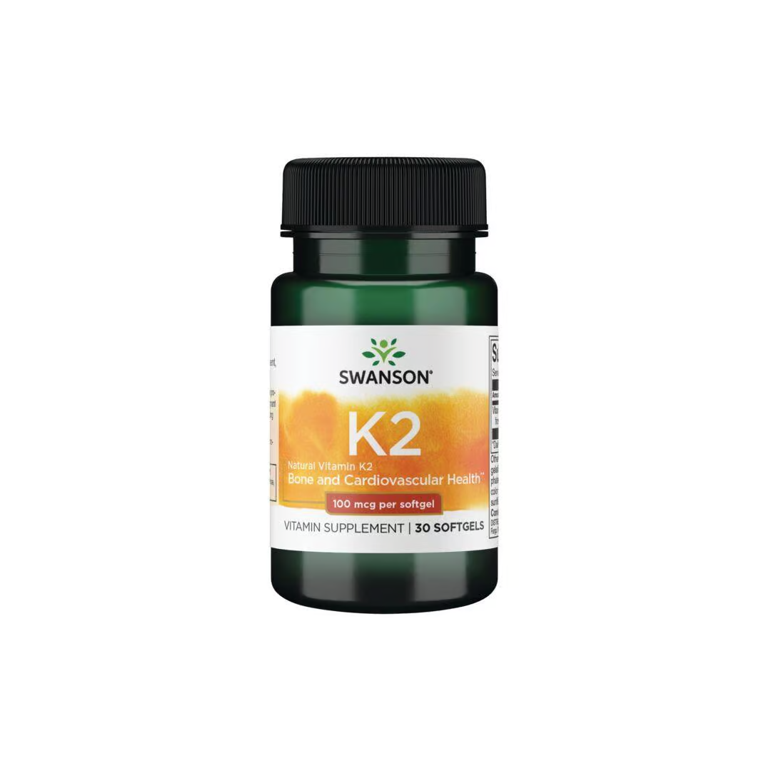 Green bottle of Swanson Vitamin K2 - MK-7 labeled for bone health and osteoporosis prevention contains 30 softgels, each with 100 mcg.