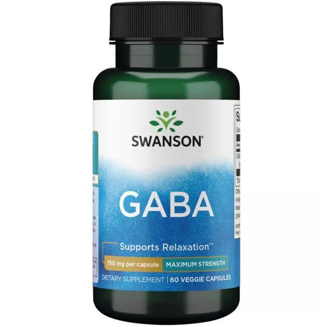 Swanson's GABA 750 mg Maximum Strength offers 60 veggie capsules designed to support relaxation and sleep.