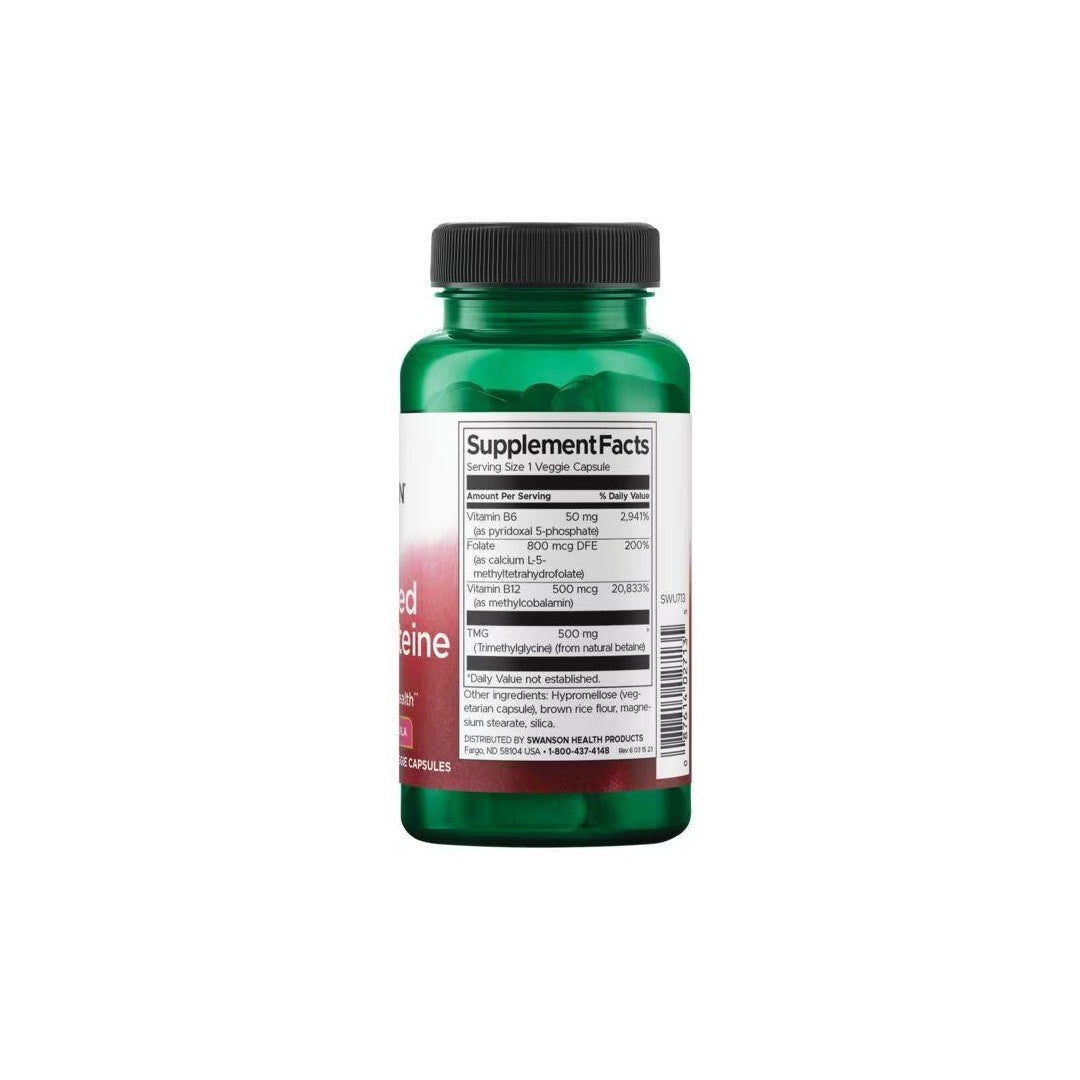 A green bottle of Swanson Activated Homocysteine 60 Veggie Capsules with a label showing supplement facts and nutritional information, including benefits for the nervous system and heart health.