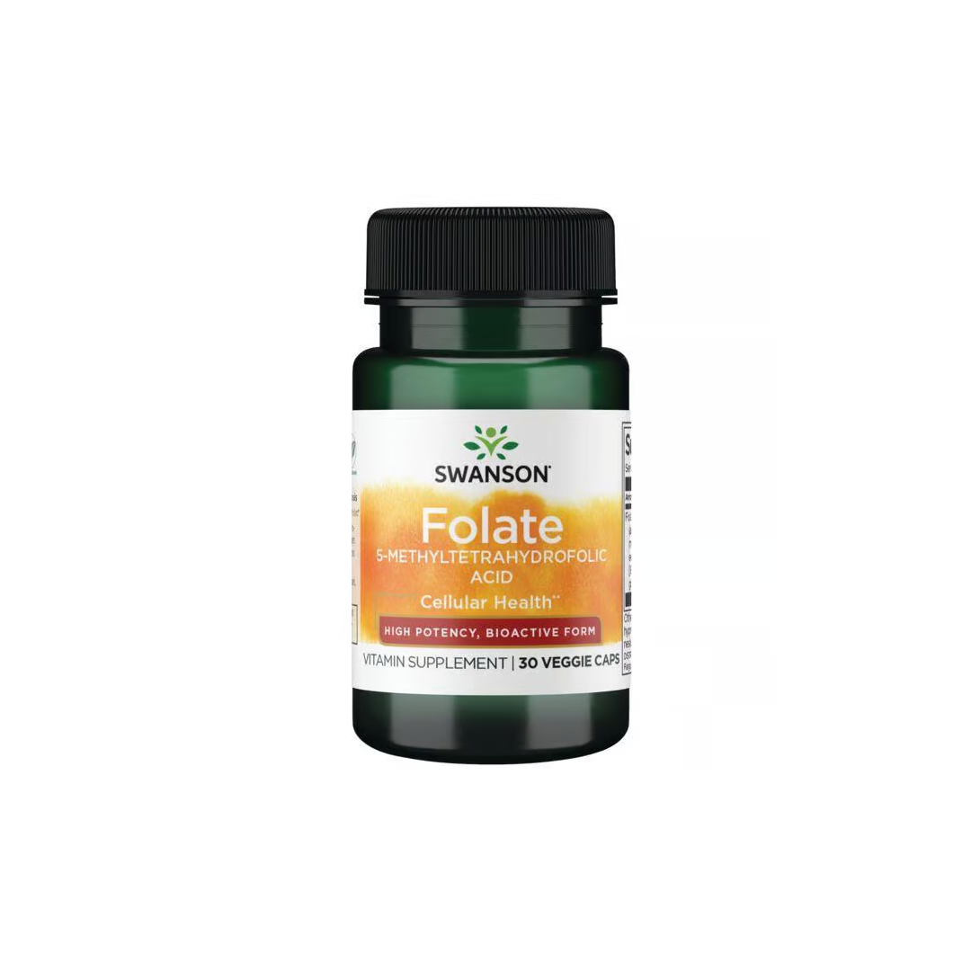 Swanson Folate 5-MTHF, with 800 mcg per capsule and enhanced using Quatrefolic technology, offers high potency for cellular health in a bioactive form. Includes 30 veggie capsules to effectively support your wellness journey.