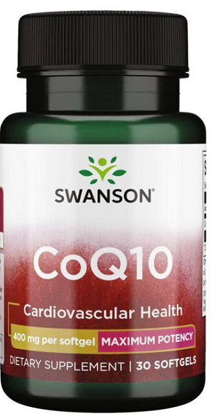 Un frasco de Swanson Coenzima Q10 - 400 mg 30 cápsulas blandas.