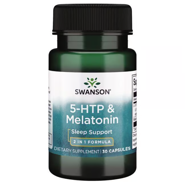 A green bottle of Swanson's 5-HTP 50 mg & Melatonin 3 mg, marketed for enhanced sleep support, contains 30 capsules.