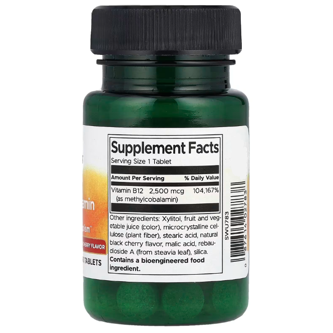 A green bottle of Swanson Vitamin B-12 (2500 mcg, 60 tabs) with methylcobalamin features a clear label showing nutritional info and ingredients, vital for energy.