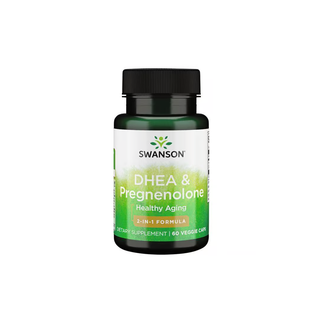 A bottle of Swanson DHEA 25 mg & Pregnenolone 100 mg dietary supplement, labeled for healthy aging and hormonal balance, with 60 veggie capsules.