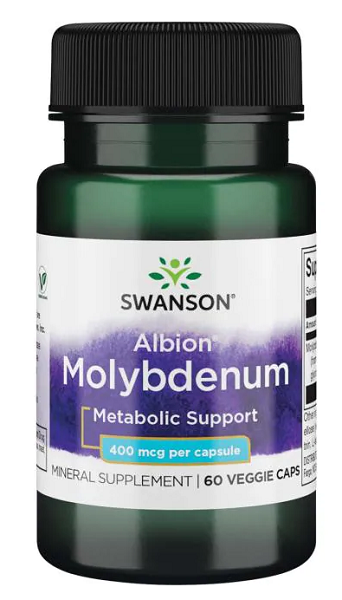 Un frasco de Swanson's Molibdeno - 400 mcg 60 cápsulas Albion Quelado, un mineral quelado crucial para el metabolismo y la absorción.