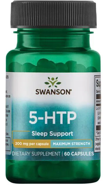 Un frasco de Swanson 5-HTP Máxima Potencia 200 mg 60 Cápsulas de apoyo.